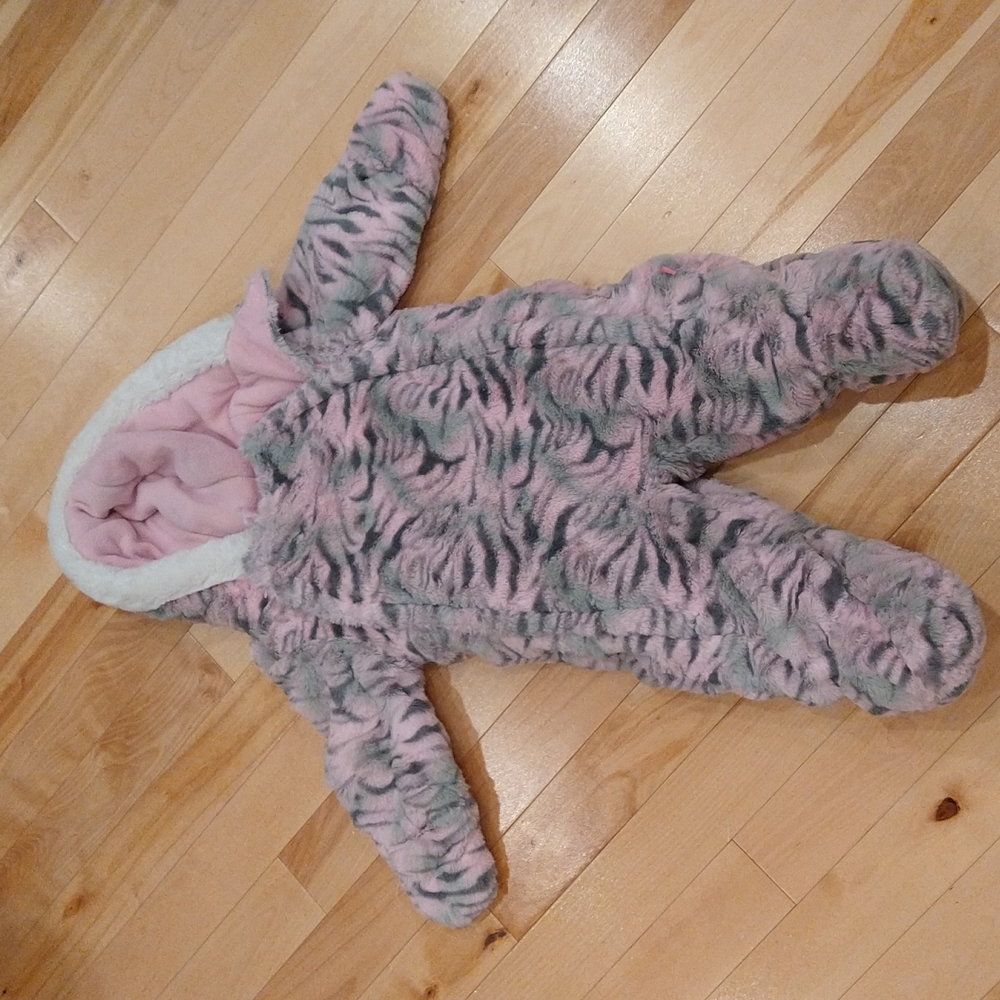 6/9m Pink gray tiger stripes winter hood jacket one piece snowsuit wippette kids